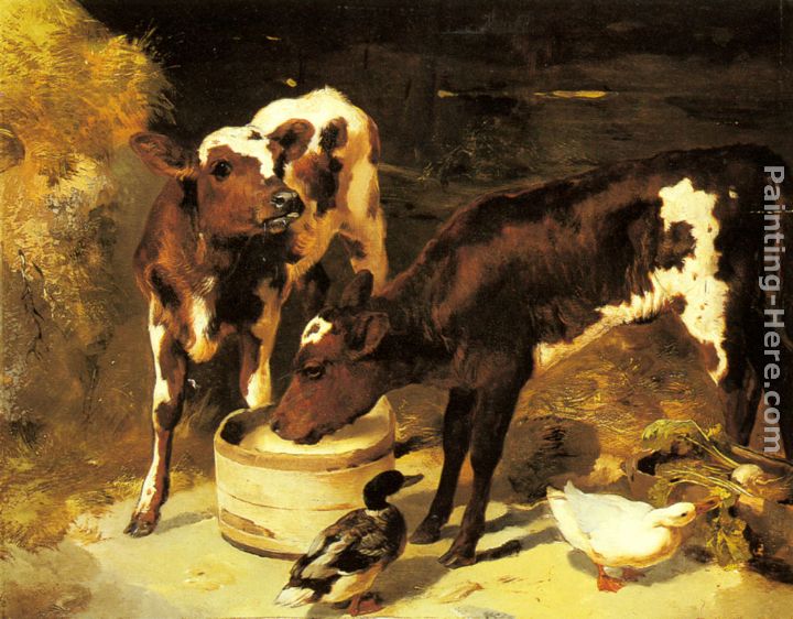Calves Feeding painting - George W. Horlor Calves Feeding art painting